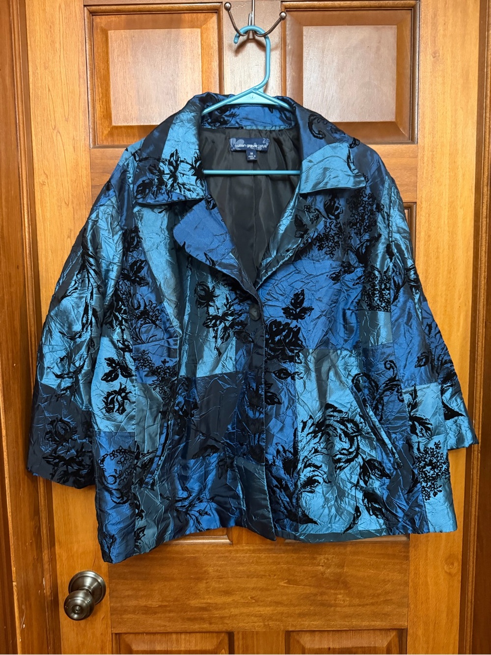 Susan Graver 3X Blue & Black Velvet Floral  One Button Blazer 3/4 Sleeves